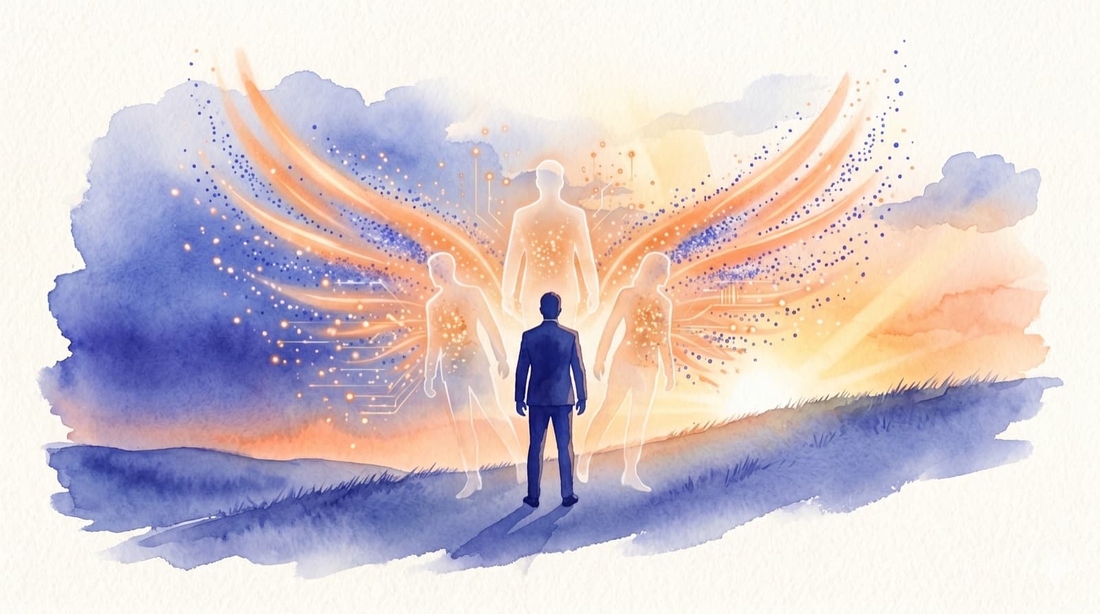Watercolor illustration of a business professional seen from behind, with wings of orange light and indigo data particles spreading outward — symbolizing an AI partner that makes existing people perform 3× better.
