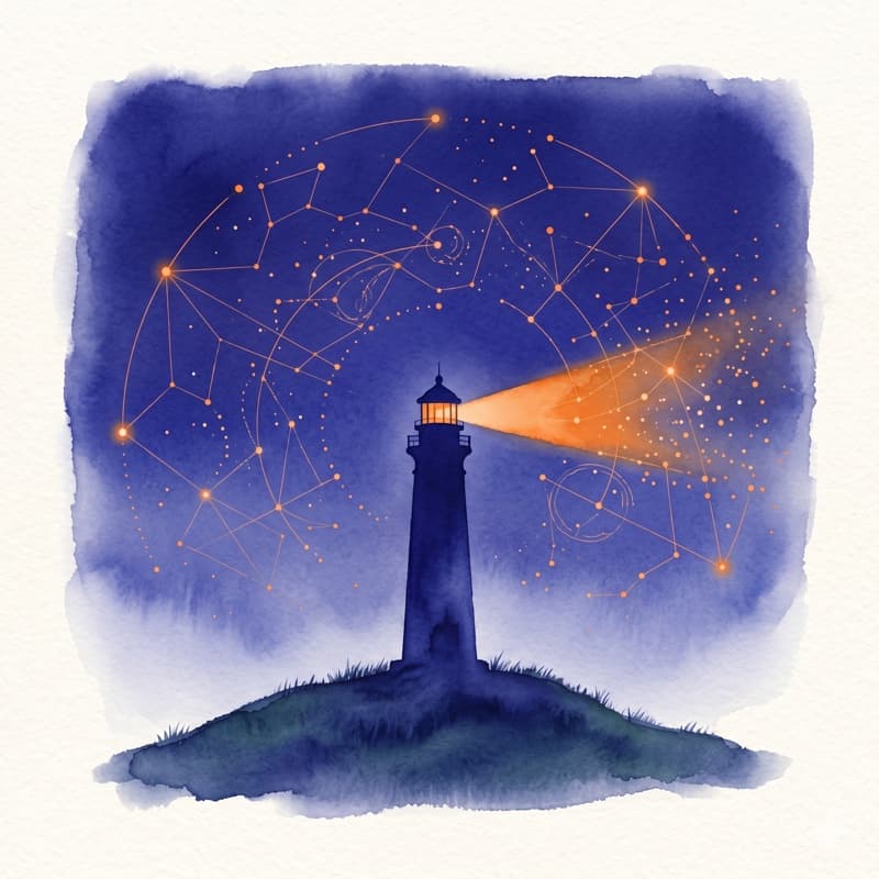 Watercolor illustration of a lighthouse radiating orange light under a starry sky with constellations — symbolizing data and insight as allies for a CEO's solitary decisions.