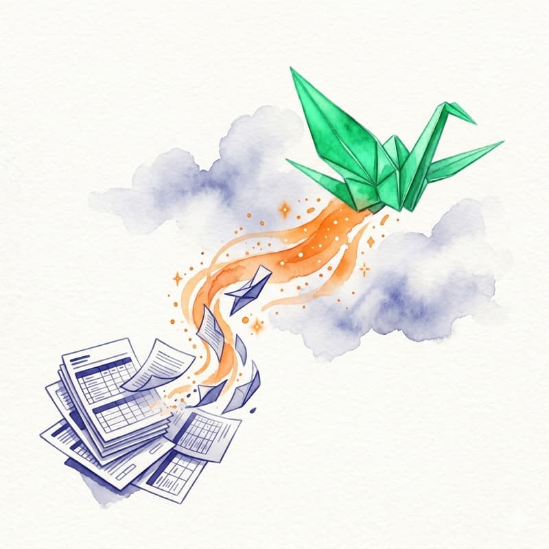Watercolor illustration of origami cranes rising from a pile of paperwork — symbolizing the wings of automation lifting employees from routine tasks.