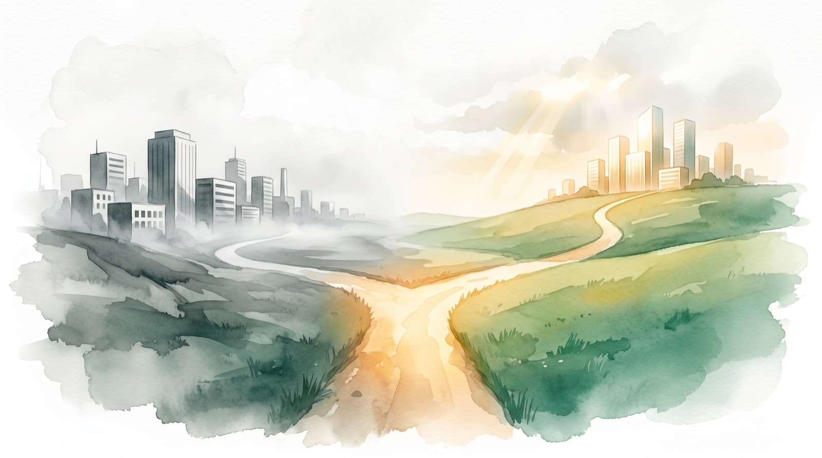 A road that splits in two: on the left, a declining city shrouded in fog; on the right, a thriving city bathed in sunlight — symbolizing the fork in the road for business leaders in the age of AI.